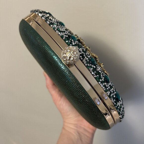 Ramla Bejeweled Crystal Evening Bag Emerald Green Chain Strap Top Handle Formal - Picture 2 of 14